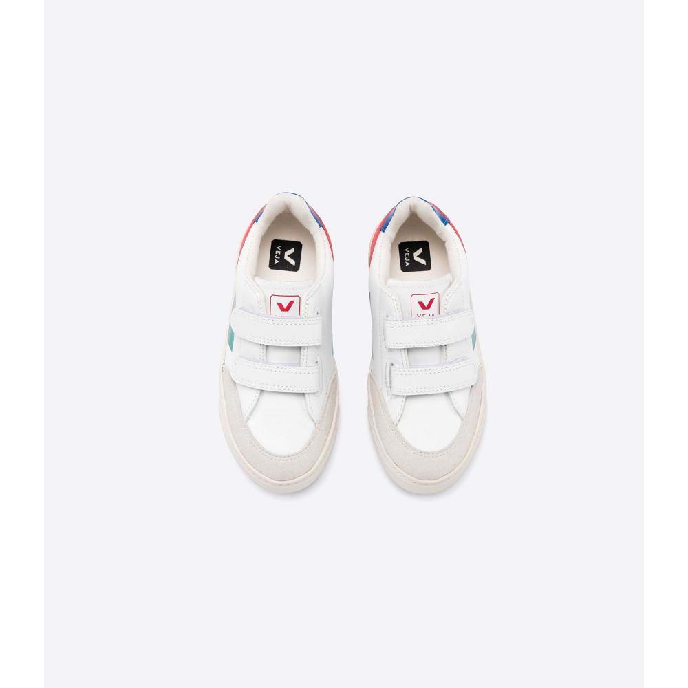 Kids' Veja V-12 LEATHER Sneakers White/Red | ZA 883FDN